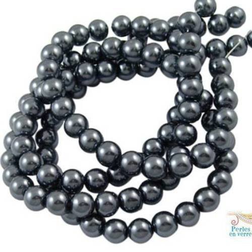 40 perles en verre nacrées, gris anthracite, 8mm (pv431) 