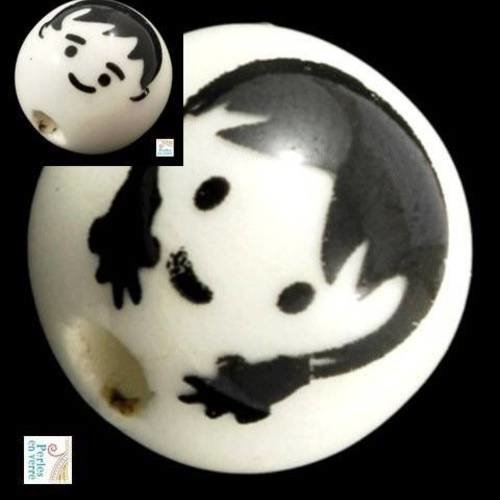 2 perles en porcelaine duo visages garçon/fille, noir et blanc,12mm (pc73) 