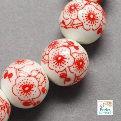 10 perles en porcelaine fleurs rouges, 6mm (pc66) 