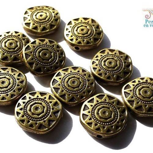 10 perles plates sans nickel,style ethnique motif soleil, 13mm (pm134) 