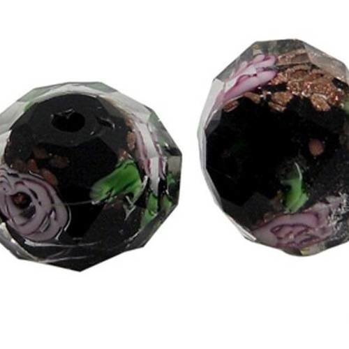 5 perles lampwork à facettes, verre noir et petites fleurs, 6x8mm, (pv396) 