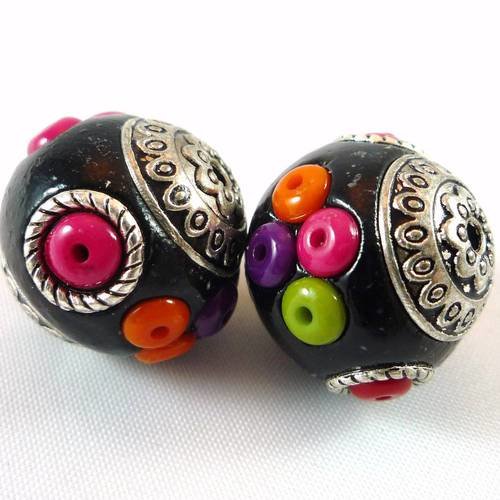 2 grosses perles indonésiennes noires avec rocailles multicolore 20mm (pi2) 