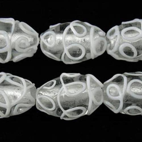 2 grosses perles lampwork verre fond transparent et filets blancs 16x24mm (pv394) 