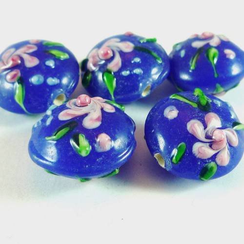 1 grosse perle lampwork bleue fleurie, 20mm (pv385) 