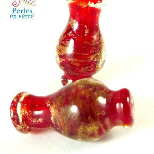 2 grandes perles verre lampwork, vase rouge et or, 15x28mm, (pv380) 
