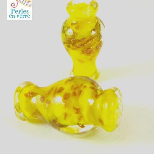 2 grandes perles verre lampwork, vase jaune et or, 15x28mm, (pv379) 
