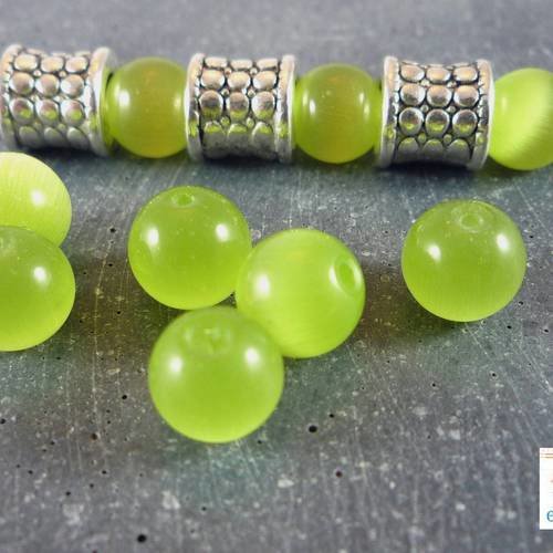 10 perles 8mm en verre, oeil de chat vert pomme, (pv368) 