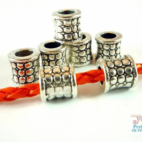 6 perles tubes pour cordon 4mm, métal argenté (pm126) 