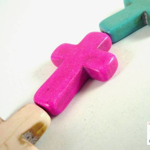 2 grandes perles, croix rose fuchsia en howlite, 22x30mm, (ph65) 