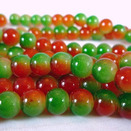 20 perles en verre bicolore :orange/vert, 6mm (pv347) 