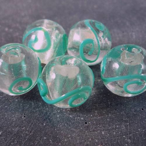 5 perles en verre lampwork argenté et turquoise avec spirales , 14mm (pv308) 