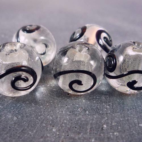 5 perles en verre lampwork spirales noires, 14mm (pv307) 