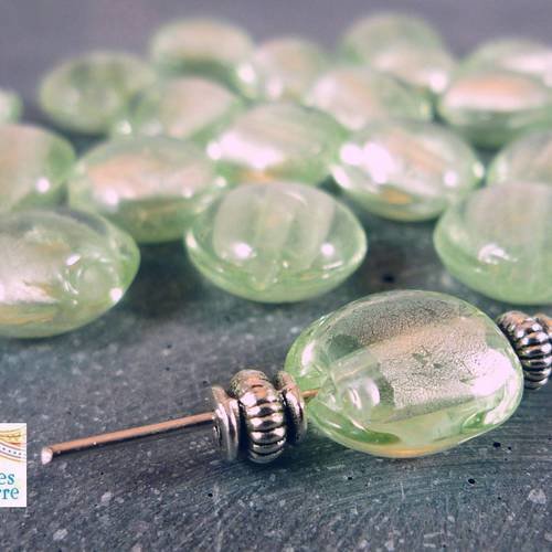 10 perles en verre lampwork, vert d'eau et argent , 7x12mm, (pv287) 