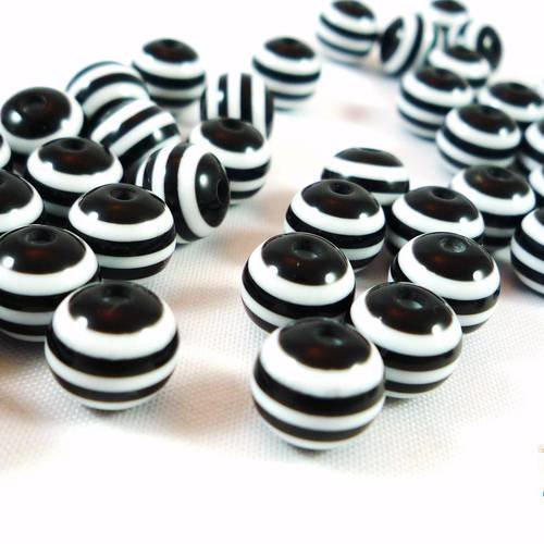 20 perles 10mm rayées noir et blanc acrylique (ps55) 