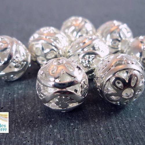 5 perles rondes filigrane en métal argenté brillant 10mm  (pm104) 