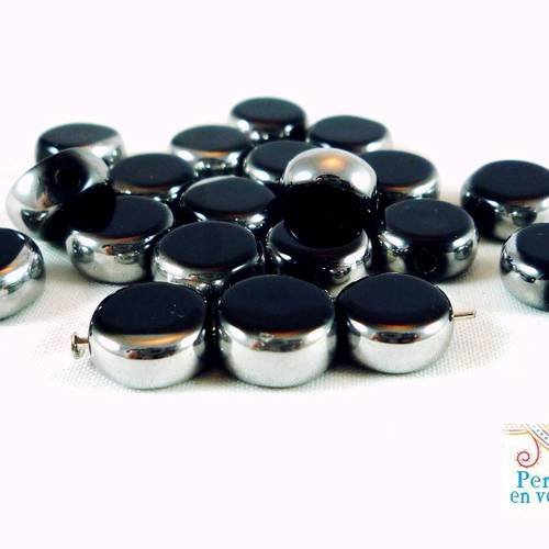 10 perles noires, palets en verre cerclés argent, 10mm,(pv246) 