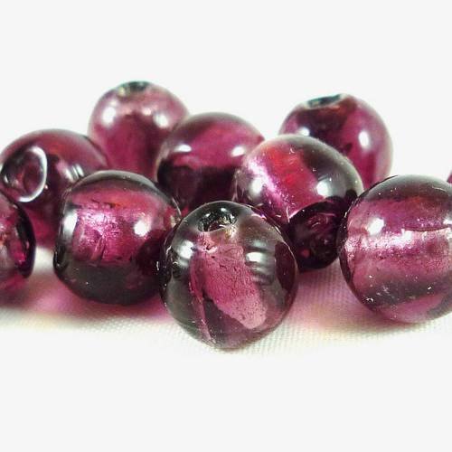 5 perles  rondes prune et feuille d'argent, 9mm, (pv242) 