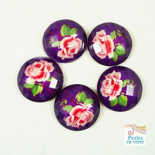 1 cabochon violet, facettes et fleur, à coller,  21mm,(cab32) 