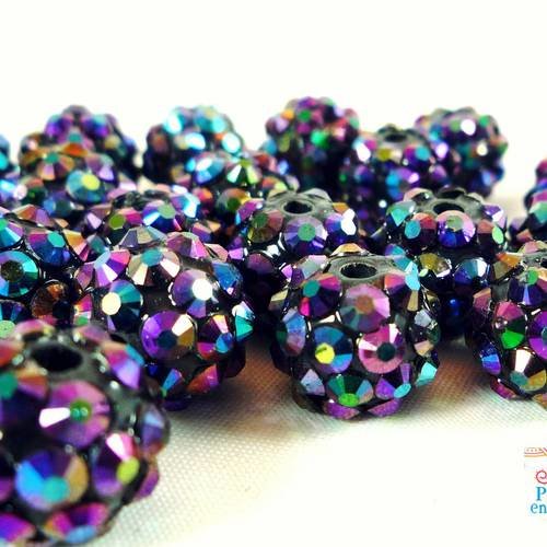 5 perles shamballa violet noir irisé strass 10mm  (psh13) 