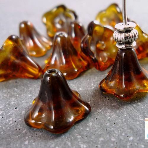 10 perles clochettes en verre transparent topaze, 9x12mm  (pv232) 