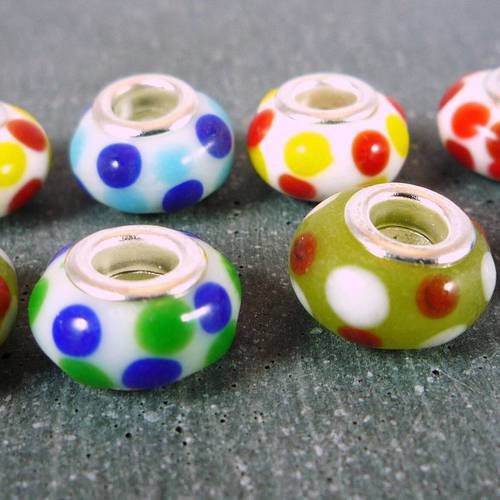 8 perles multicolores à pois gros trou, 8x14mm, (pv216) 