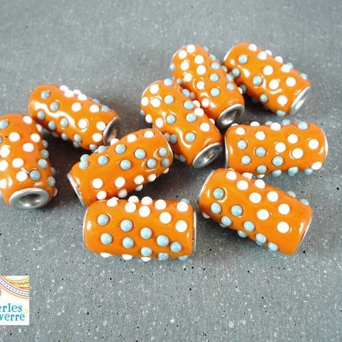 2 perles indonésiennes, tubes résine orange avec incrustations (pi14) 