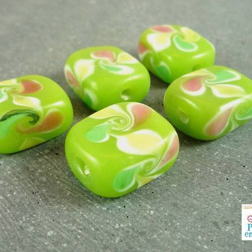 5 perles rectangulaires, verre lampwork vert pomme,18x14x9mm,(pv186) 