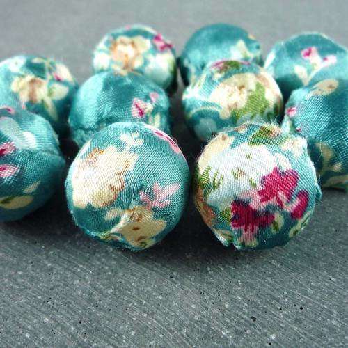 5 grosses perles en tissu fleuri turquoise foncé, 20mm (pt21) 