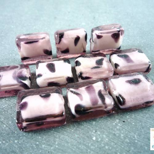 5 perles rectangulaires, verre dalmatien mauve,15x13mm,(pv176) 