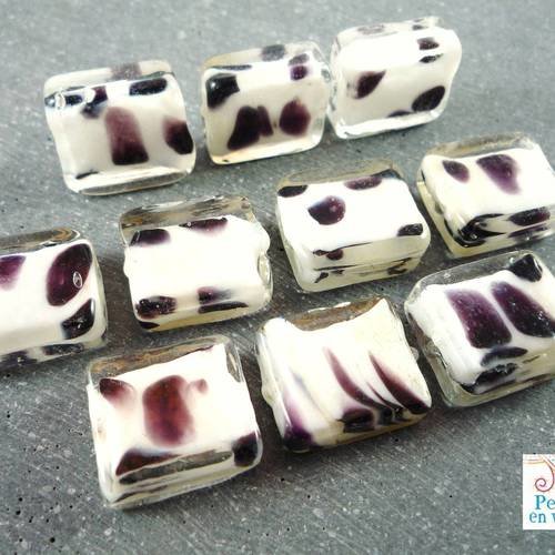 5 perles rectangulaires, verre dalmatien blanc violet,15x13mm,(pv175) 