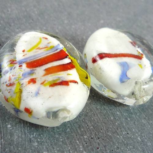 2 grosses perles en verre,  palets blancs,  25x28mm, (pv170) 