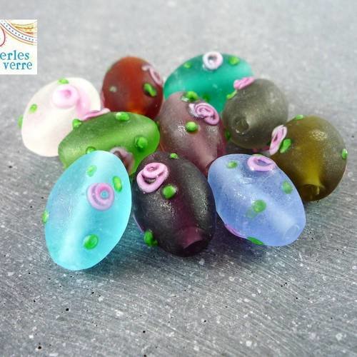 10 perles verre lampwork multicolores, 16x10mm, (pv164) 