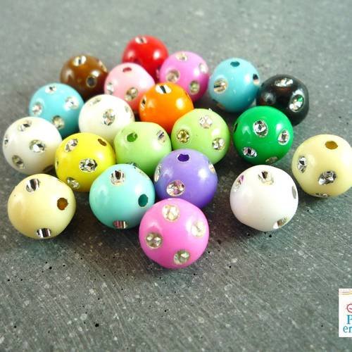 20 perles  multicolores et strass acrylique  9mm (ps39) 