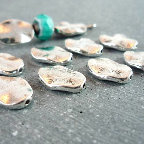 10 perles intercalaires, palets twistés métal argenté, 11x8mm (pm79) 