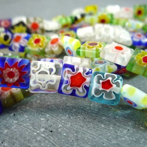 20 perles carrées en verre millefiori, 8mm,( pv149) 