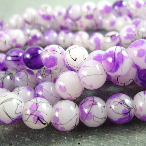 30 perles rondes, verre tacheté blanc noir violet, 6mm (pv146) 