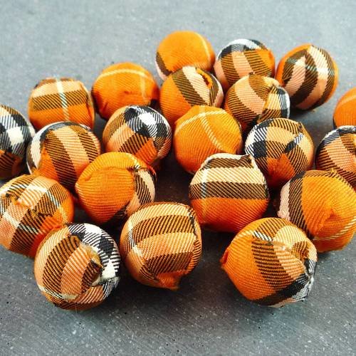 5 grosses perles tissu écossais orange, 21mm (pt18) 