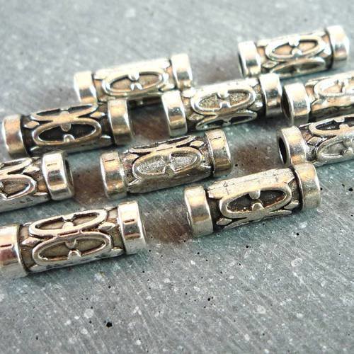 Dix perles tubes métal argenté vieilli, 12x4mm (pm76) 