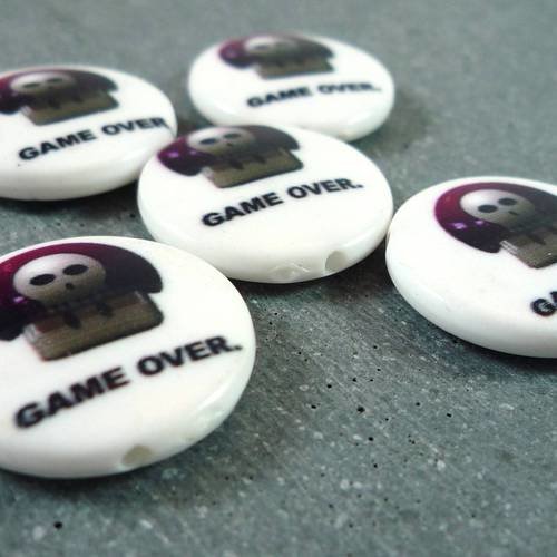 5 perles palets acrylique game over et skull, 21mm (ps37) 