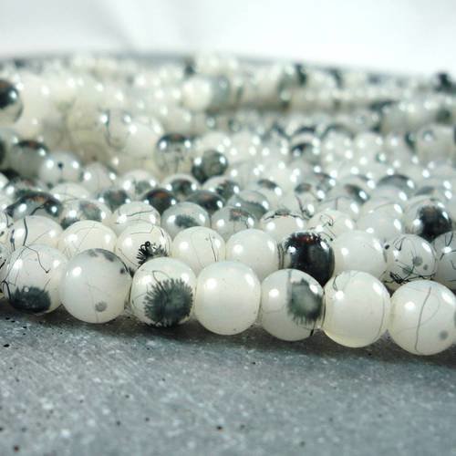 20 perles rondes, verre tacheté gris noir blanc, 6mm (pv122) 