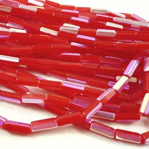20 perles en verre tchèques tube hexagonal  rouge siam ruby ab 10x4mm (ptch58) 