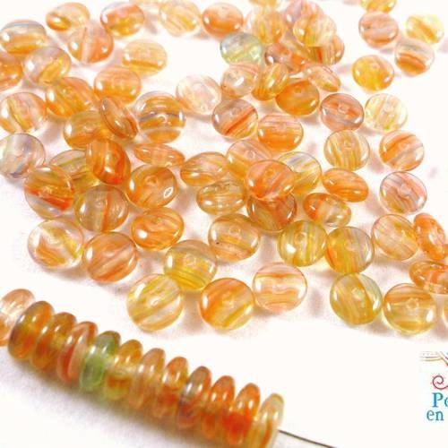 30 perles en verre tchèques, lentilles veinées oranges, 6mm, (ptch116) 