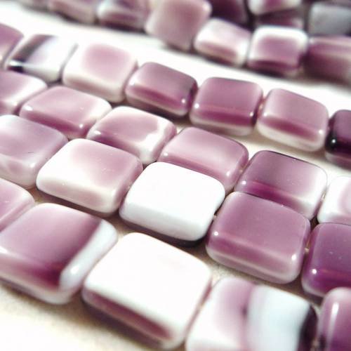 10 perles carrées en verre tchèque, violet et blanc, 9x9x4mm, (ptch95) 