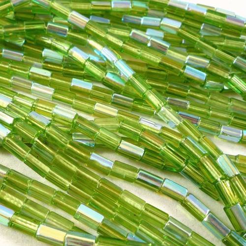 20 perles en verre tchèques olivine ab, tube hexagonal 6x4mm. (ptch171) 
