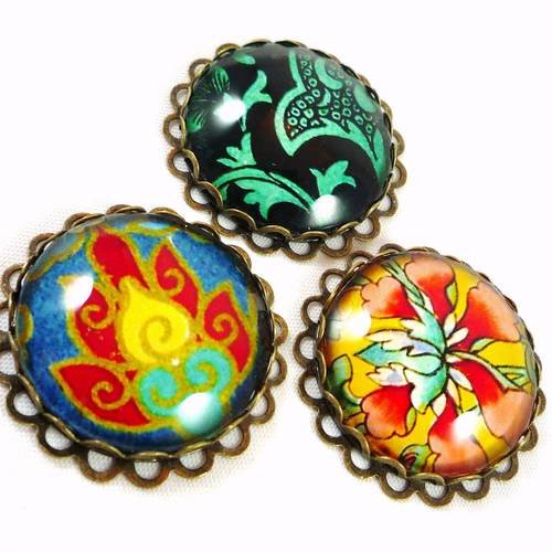 Lot de 3 cabochons verre et laiton 25mm, visuel japon, (cab21, 