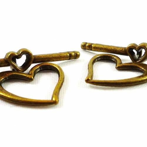 5 sets fermoirs toggle coeur ,  bronze, 18x14mm, (f15) 