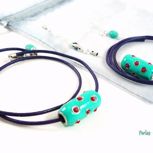 Diy!  1 kit collier cuir ras du cou violet perle indonésienne turquoise (kit4) 