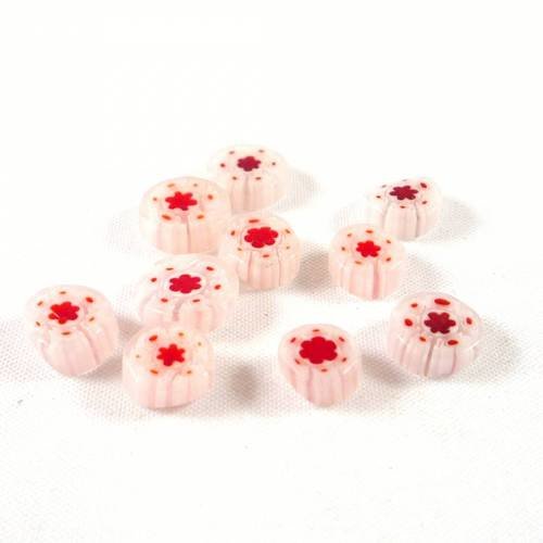 12 palets lisses millefiori, blanc rose rouge, murines 10x4mm,(div16)