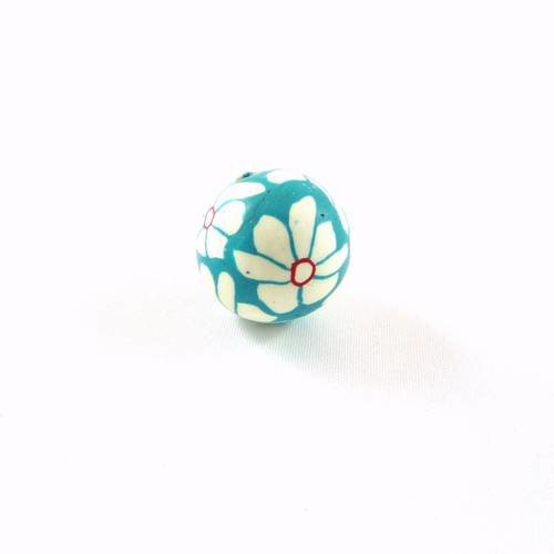 1 grosse perle ronde fleurie turquoise, fimo, 20mm (pp6) 
