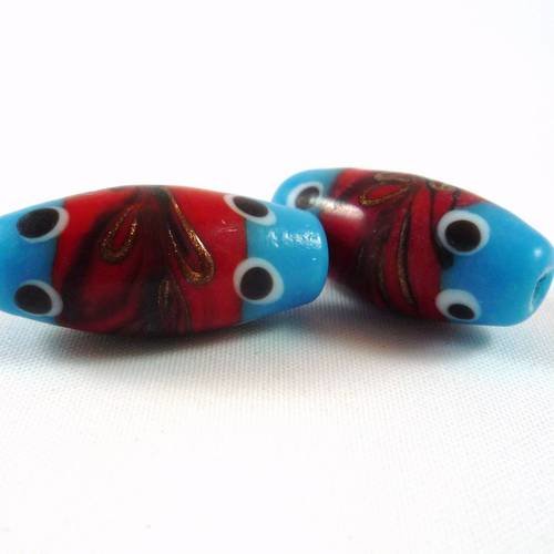 2 perles lampwork, rouge et bleu, 24x11mm,(pv1)